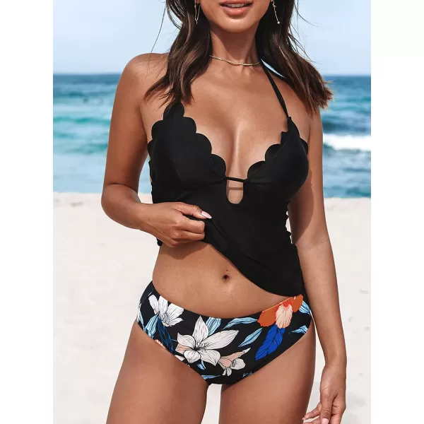 imageCUPSHE Women Tankini Swimsuit Scalloped Hipster Backless Two Piece Bathing SuitBlack