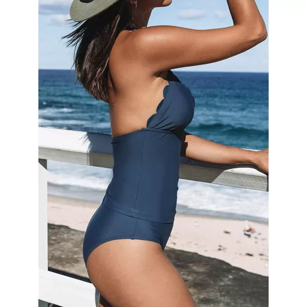 imageCUPSHE Women Tankini Swimsuit Scalloped Hipster Backless Two Piece Bathing SuitNavy