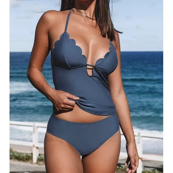 imageCUPSHE Women Tankini Swimsuit Scalloped Hipster Backless Two Piece Bathing SuitNavy