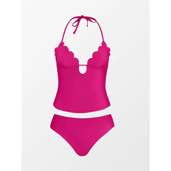 imageCUPSHE Women Tankini Swimsuit Scalloped Hipster Backless Two Piece Bathing SuitRose Red