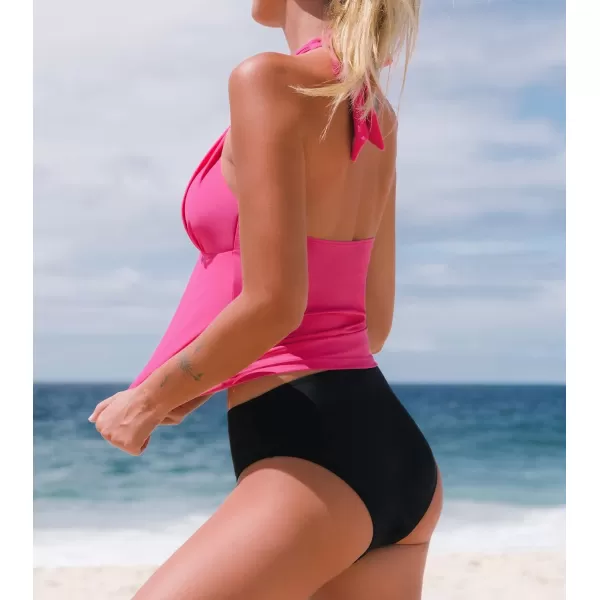 imageCUPSHE Women Tankini Swimsuit V Neck Halter Backless Ruched Two Piece Bathing SuitRose Red