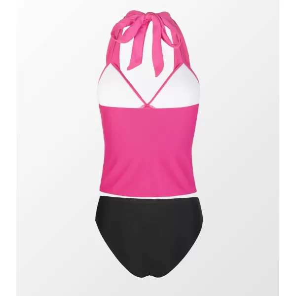 imageCUPSHE Women Tankini Swimsuit V Neck Halter Backless Ruched Two Piece Bathing SuitRose Red