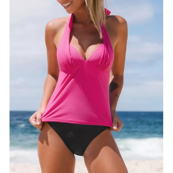 imageCUPSHE Women Tankini Swimsuit V Neck Halter Backless Ruched Two Piece Bathing SuitRose Red