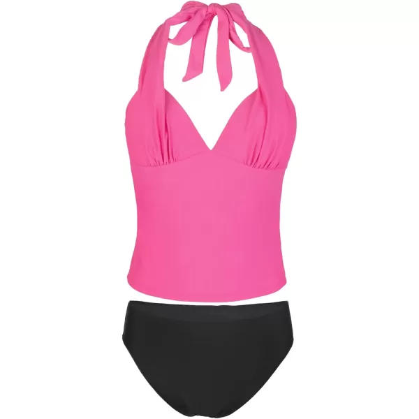 imageCUPSHE Women Tankini Swimsuit V Neck Halter Backless Ruched Two Piece Bathing SuitRose Red