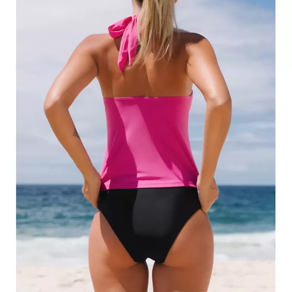 imageCUPSHE Women Tankini Swimsuit V Neck Halter Backless Ruched Two Piece Bathing SuitRose Red