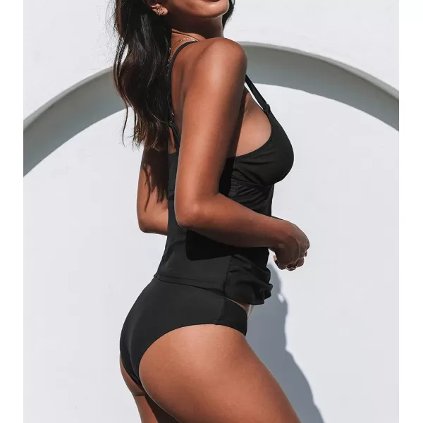 imageCUPSHE Women Tankini Swimsuits V Neck Ruched Tankini Top Cross Back Two Piece Bathing Suit Tummy ControlBlack