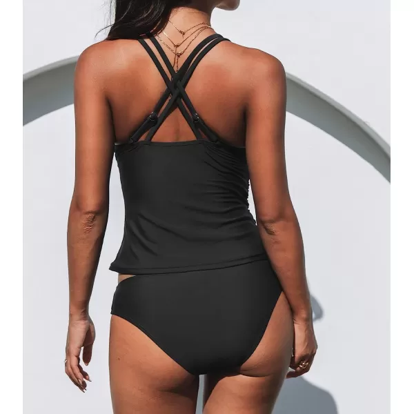 imageCUPSHE Women Tankini Swimsuits V Neck Ruched Tankini Top Cross Back Two Piece Bathing Suit Tummy ControlBlack