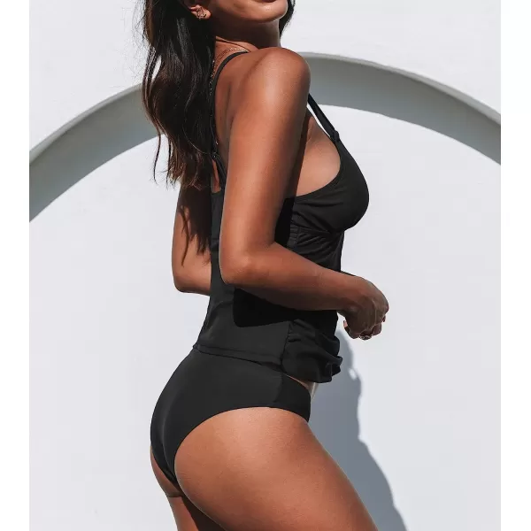 imageCUPSHE Women Tankini Swimsuits V Neck Ruched Tankini Top Cross Back Two Piece Bathing Suit Tummy ControlBlack