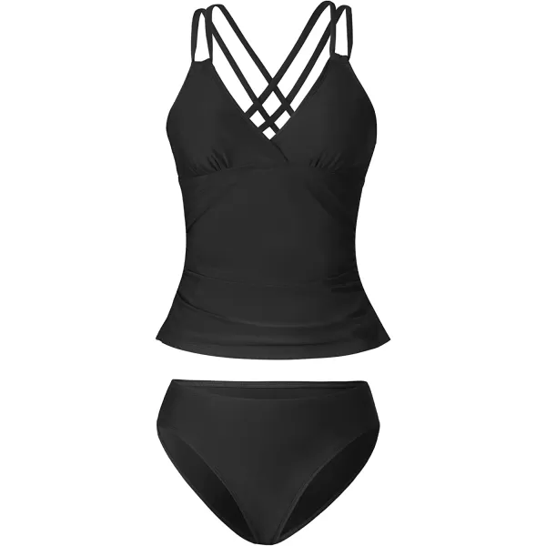 imageCUPSHE Women Tankini Swimsuits V Neck Ruched Tankini Top Cross Back Two Piece Bathing Suit Tummy ControlBlack