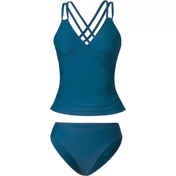 imageCUPSHE Women Tankini Swimsuits V Neck Ruched Tankini Top Cross Back Two Piece Bathing Suit Tummy ControlBlue