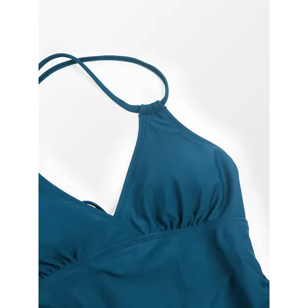 imageCUPSHE Women Tankini Swimsuits V Neck Ruched Tankini Top Cross Back Two Piece Bathing Suit Tummy ControlBlue
