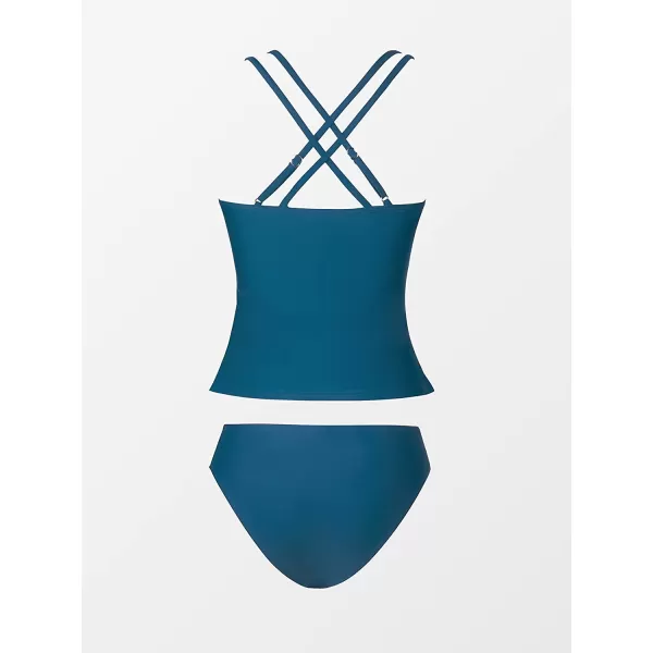 imageCUPSHE Women Tankini Swimsuits V Neck Ruched Tankini Top Cross Back Two Piece Bathing Suit Tummy ControlBlue