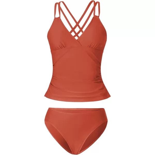imageCUPSHE Women Tankini Swimsuits V Neck Ruched Tankini Top Cross Back Two Piece Bathing Suit Tummy ControlBrick Red