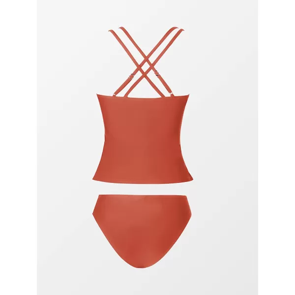 imageCUPSHE Women Tankini Swimsuits V Neck Ruched Tankini Top Cross Back Two Piece Bathing Suit Tummy ControlBrick Red