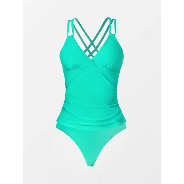 imageCUPSHE Women Tankini Swimsuits V Neck Ruched Tankini Top Cross Back Two Piece Bathing Suit Tummy ControlTurquoise Green