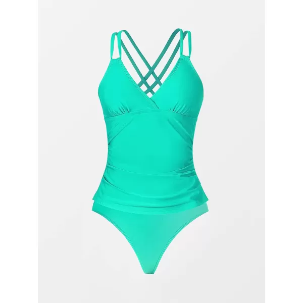 imageCUPSHE Women Tankini Swimsuits V Neck Ruched Tankini Top Cross Back Two Piece Bathing Suit Tummy ControlTurquoise Green