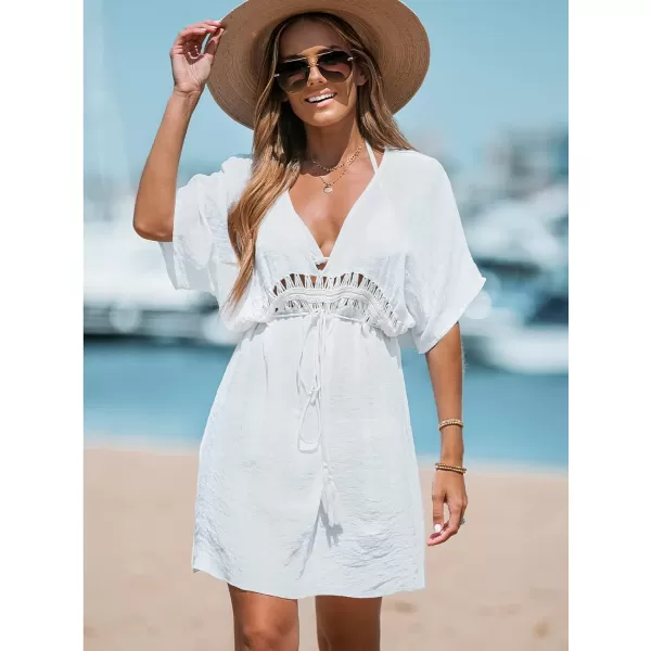 imageCUPSHE Women Tassel Tie CoverUp Mini Dress Short Sleeves Lace Cover Up SummerWhite