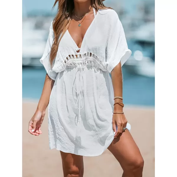 imageCUPSHE Women Tassel Tie CoverUp Mini Dress Short Sleeves Lace Cover Up SummerWhite