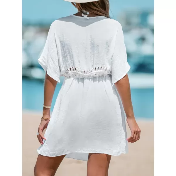imageCUPSHE Women Tassel Tie CoverUp Mini Dress Short Sleeves Lace Cover Up SummerWhite