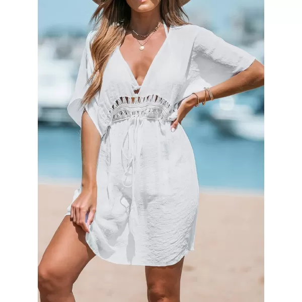 imageCUPSHE Women Tassel Tie CoverUp Mini Dress Short Sleeves Lace Cover Up SummerWhite
