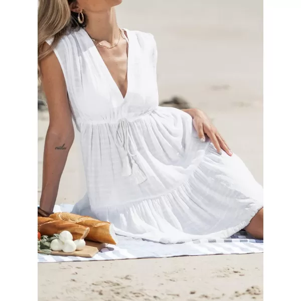 imageCUPSHE Women Tassel Tie VNeck CoverUp Dress Sleeveless Sexy Beach Cover Up Casual SummerWhite