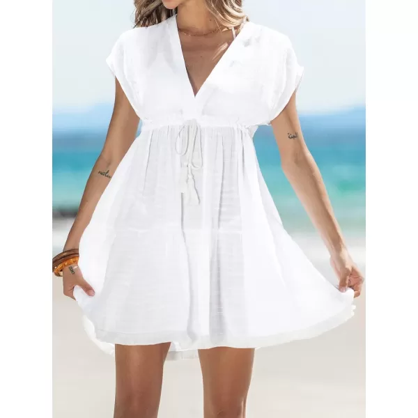 imageCUPSHE Women Tassel Tie VNeck CoverUp Dress Sleeveless Sexy Beach Cover Up Casual SummerWhite