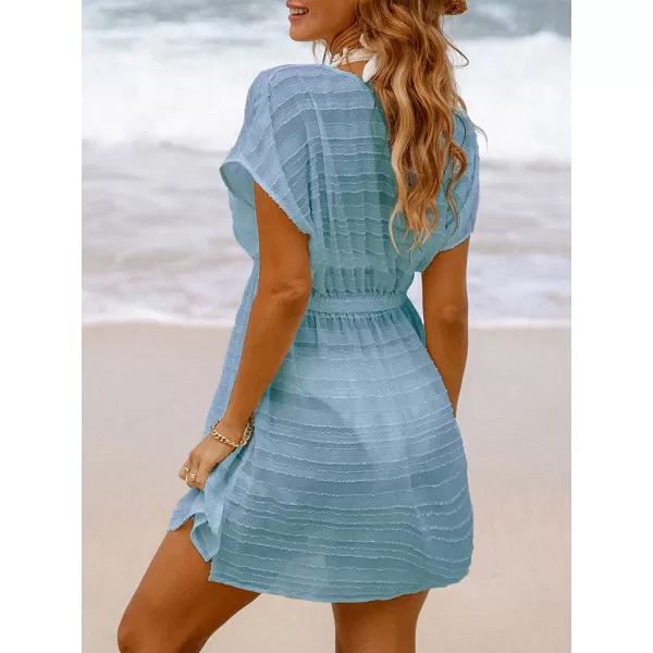imageCUPSHE Women Textured Striped CoverUp Dress Short Sleeveless V Neck Cover Ups Casual Beach SummerBaby Blue
