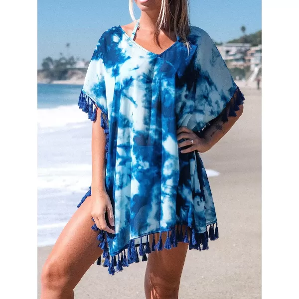 imageCUPSHE Women Tie Dye Tassel Hem Loose Waist Above The Knee Cover Up with Bat SleeveBlue