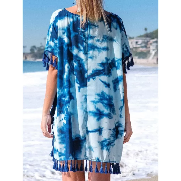 imageCUPSHE Women Tie Dye Tassel Hem Loose Waist Above The Knee Cover Up with Bat SleeveBlue