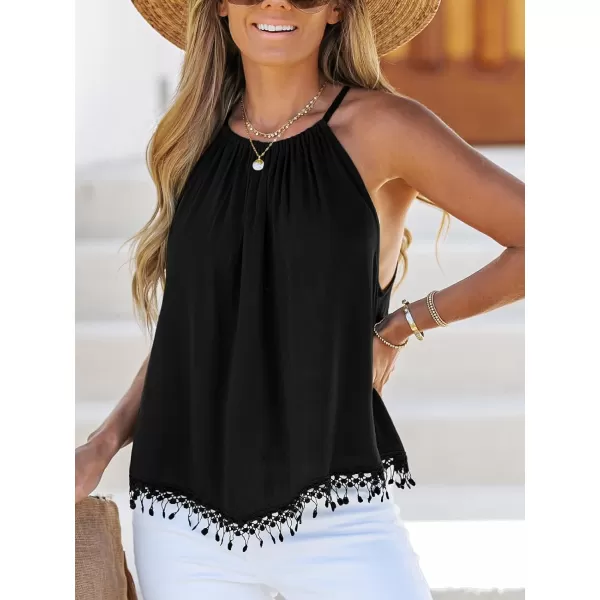 imageCUPSHE Women Tops Boho Fringe Cami Sleeveless Crew Neck Shirt Casual SummerBlack