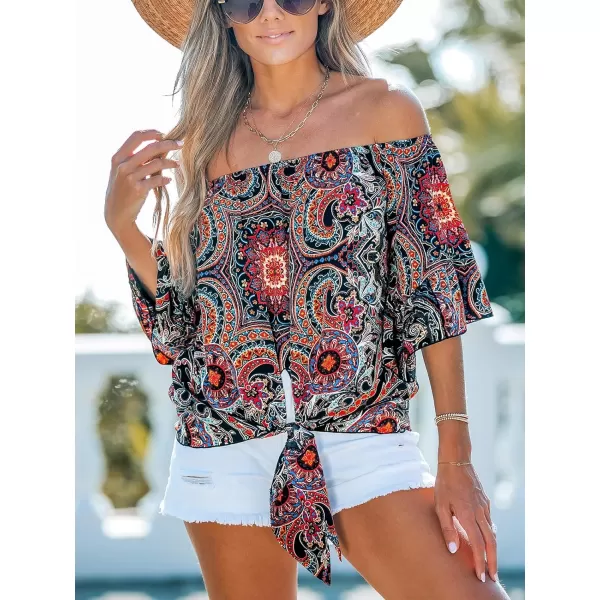 imageCUPSHE Women Tops Boho OffShoulder Neck Ruffle Sleeve Blouse Short Sleeve Tee Shirt Casual SummerBlack