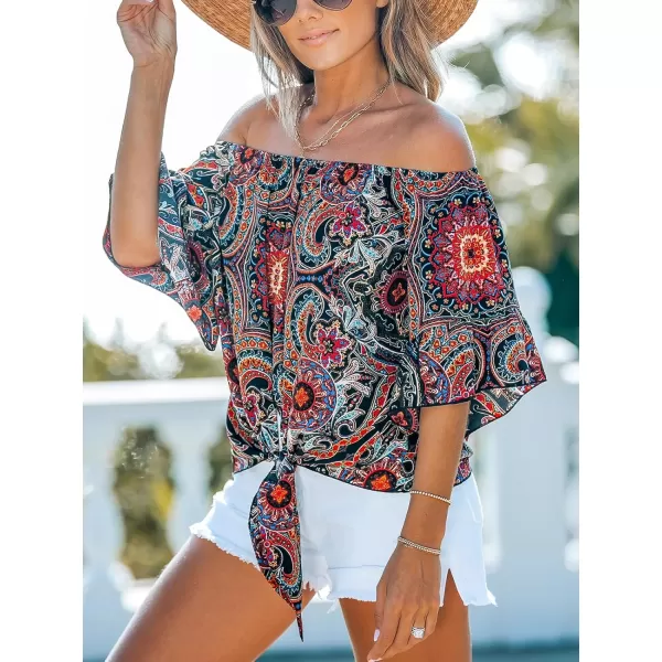 imageCUPSHE Women Tops Boho OffShoulder Neck Ruffle Sleeve Blouse Short Sleeve Tee Shirt Casual SummerBlack