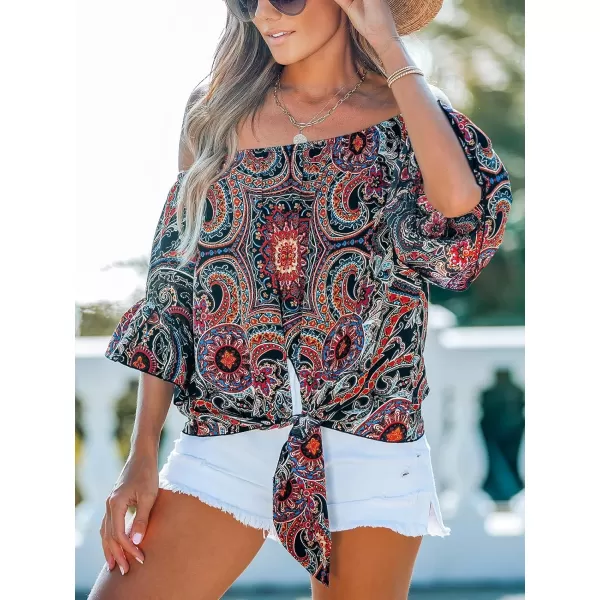 imageCUPSHE Women Tops Boho OffShoulder Neck Ruffle Sleeve Blouse Short Sleeve Tee Shirt Casual SummerBlack