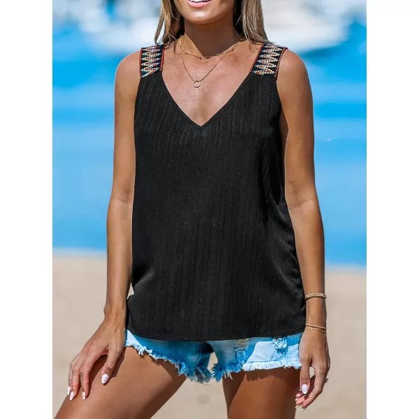 imageCUPSHE Women Tops Boho V Neck Tank Sleeveless Tee Contrast Straps Shirt Casual SummerBlack