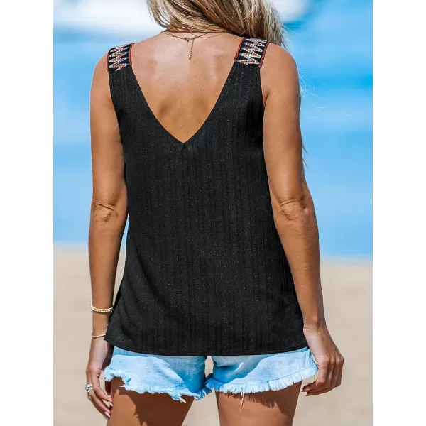 imageCUPSHE Women Tops Boho V Neck Tank Sleeveless Tee Contrast Straps Shirt Casual SummerBlack