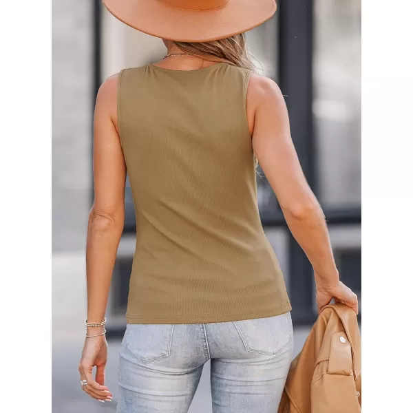 imageCUPSHE Women Tops Camel SnapButton Tank Top Sleeveless Button Front Crew Neck Shirts CasualBrown