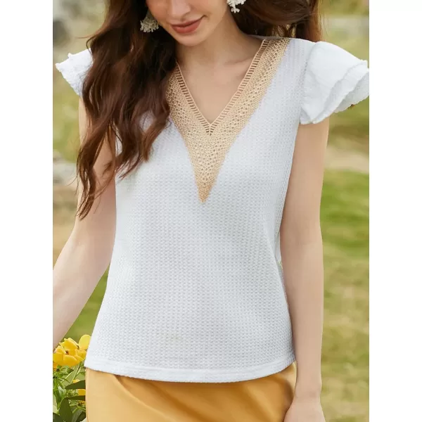 imageCUPSHE Women Tops Cap Sleeve V Neck Shirt Lace Neck Tee Solid Casual SummerWhite