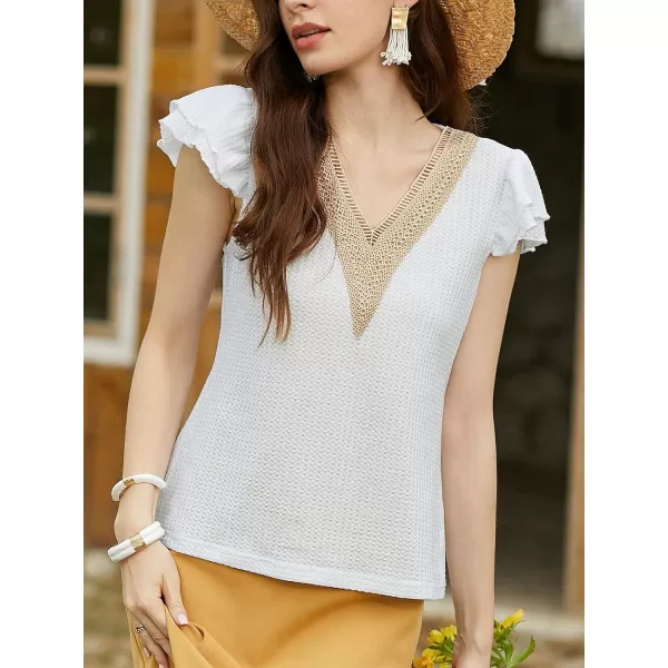 imageCUPSHE Women Tops Cap Sleeve V Neck Shirt Lace Neck Tee Solid Casual SummerWhite