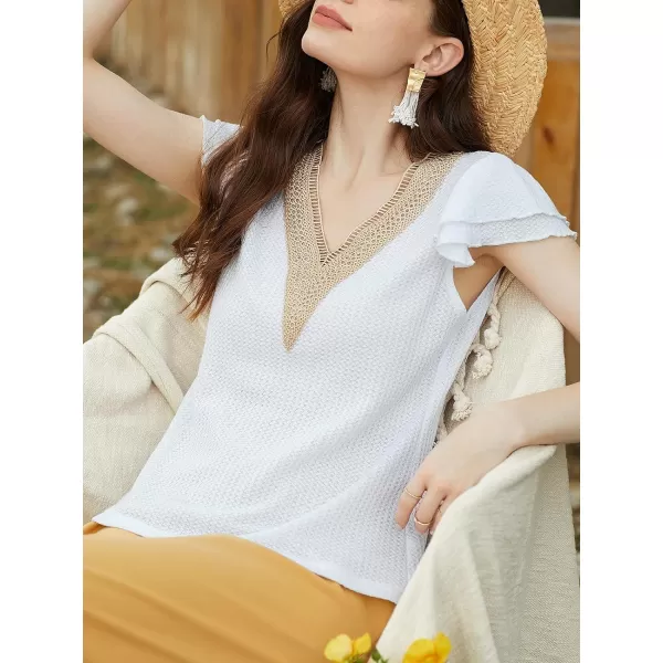 imageCUPSHE Women Tops Cap Sleeve V Neck Shirt Lace Neck Tee Solid Casual SummerWhite