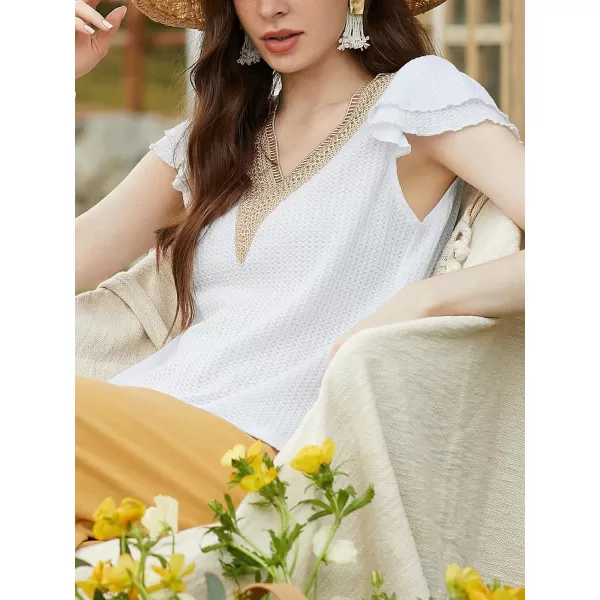 imageCUPSHE Women Tops Cap Sleeve V Neck Shirt Lace Neck Tee Solid Casual SummerWhite
