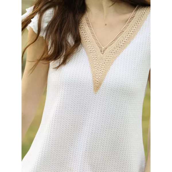imageCUPSHE Women Tops Cap Sleeve V Neck Shirt Lace Neck Tee Solid Casual SummerWhite