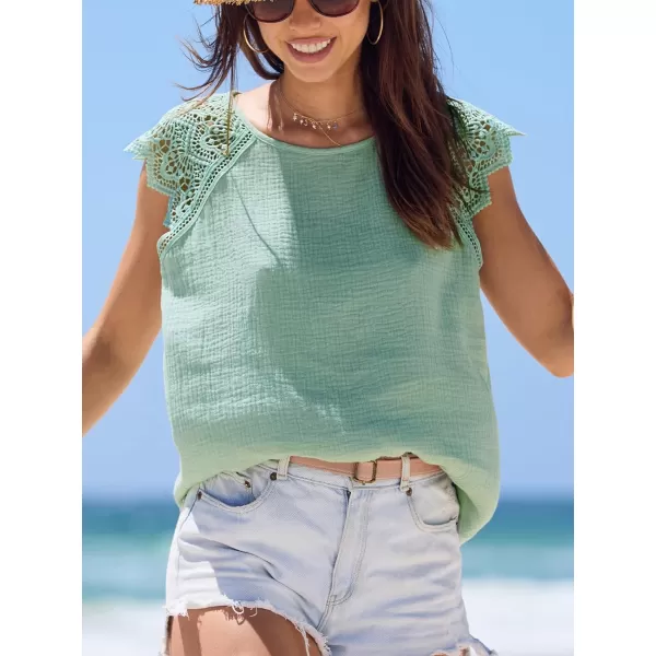 imageCUPSHE Women Tops Cap Sleeves Shirt Lace Sleeve Crew Neck Tee Solid Blouses Casual SummerGreen