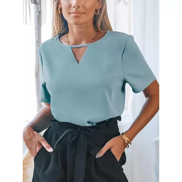 imageCUPSHE Women Tops Cutout Short Sleeve Tee V Neck Shirt Dressy CasualBlue