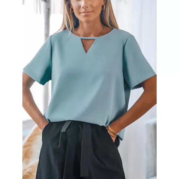 imageCUPSHE Women Tops Cutout Short Sleeve Tee V Neck Shirt Dressy CasualBlue