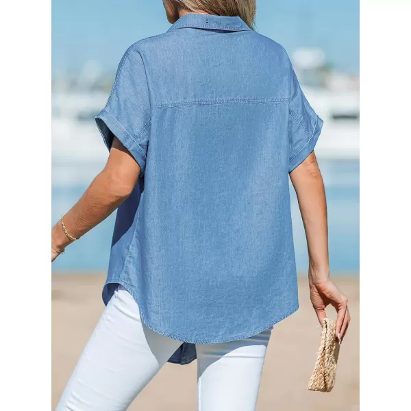 imageCUPSHE Women Tops Denim Tie Tee Short Sleeves V Neck Button Front Shirt Casual DressyBlue