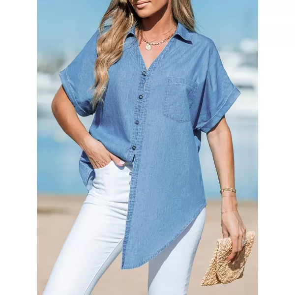 imageCUPSHE Women Tops Denim Tie Tee Short Sleeves V Neck Button Front Shirt Casual DressyBlue