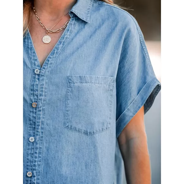 imageCUPSHE Women Tops Denim Tie Tee Short Sleeves V Neck Button Front Shirt Casual DressyBlue