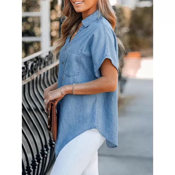 imageCUPSHE Women Tops Denim Tie Tee Short Sleeves V Neck Button Front Shirt Casual DressyBlue