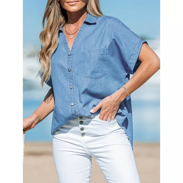 imageCUPSHE Women Tops Denim Tie Tee Short Sleeves V Neck Button Front Shirt Casual DressyBlue