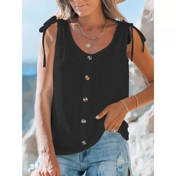 imageCUPSHE Women Tops Eyelet Jersey Tank Sleeveless V Neck Blouse Button Front Shirt Casual SummerBlack